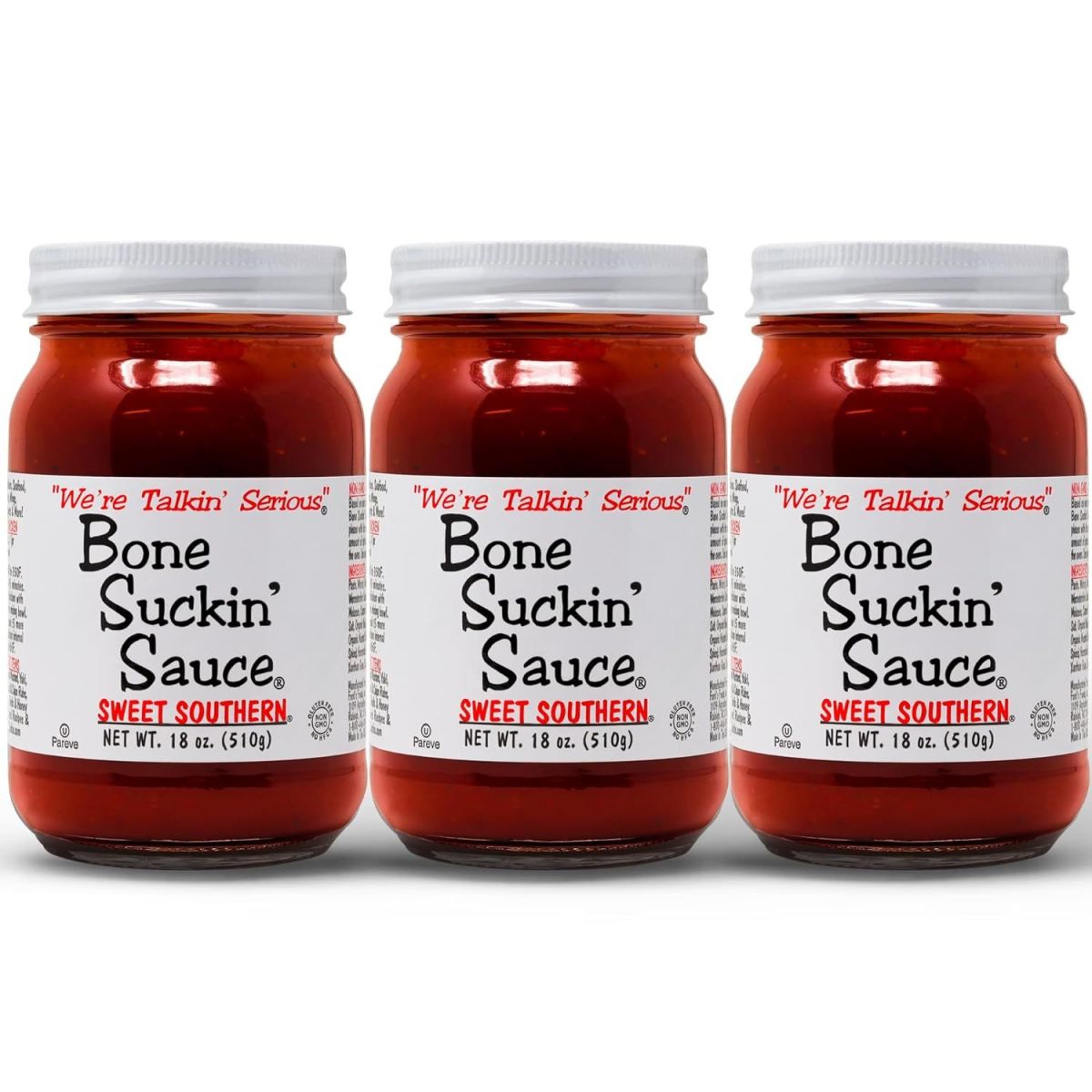 Bone Suckin' Sauce Sweet Southern BBQ Sauce - 18 oz in Glass Bottle, All-Purpose Barbecue Sauce, For Ribs, Chicken, Pork, Beef, Gluten-Free, Non-GMO, Kosher, Sweetened w/ Cane Sugar & Molasses - 3 Pcs